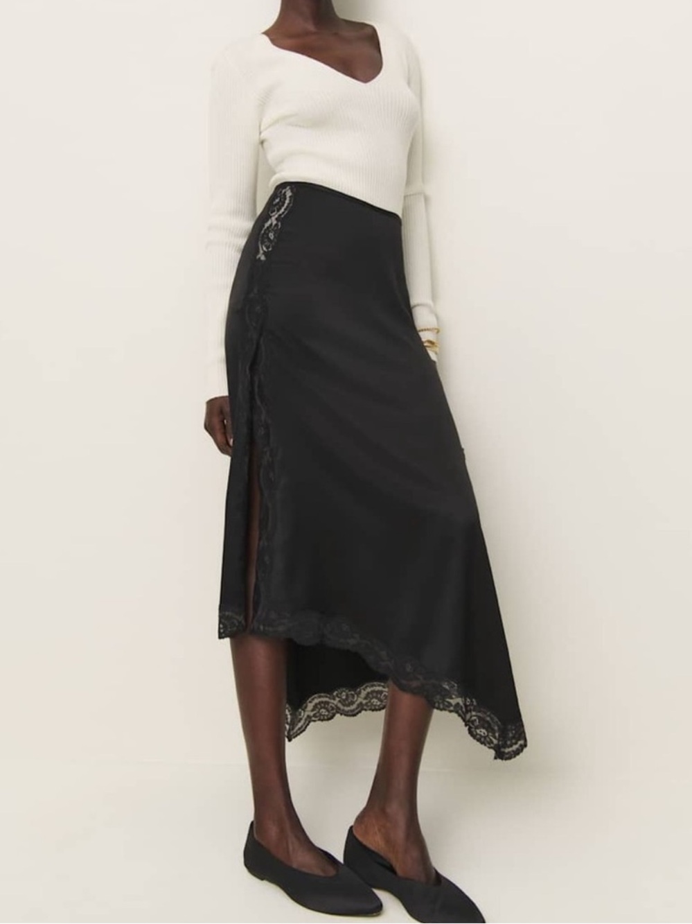 Reformation Black Lace-Trim Midi Skirt - Elegant Side-Slit